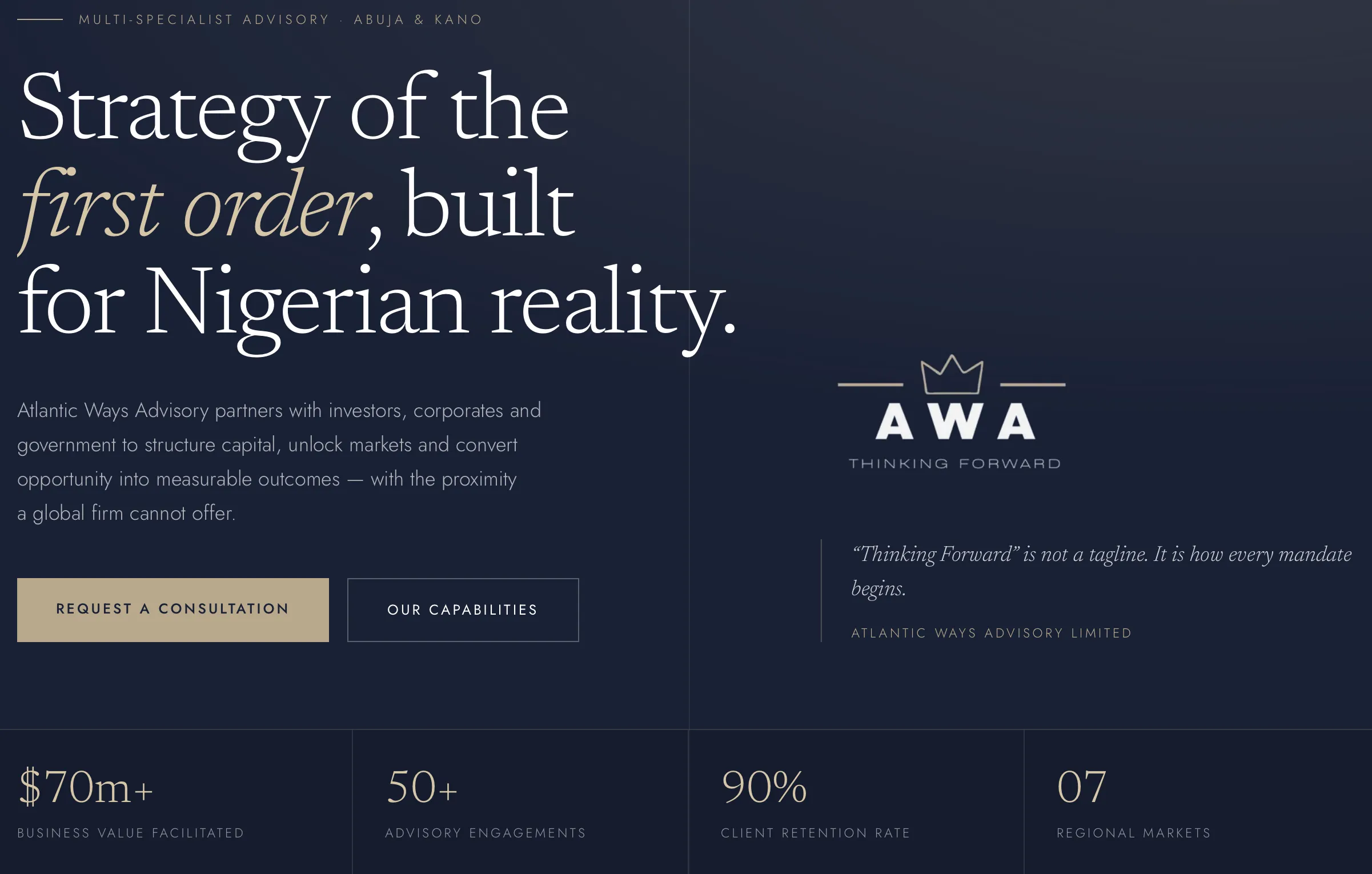 Atlantic Ways Advisory landing page built by Huzaifa Dangote